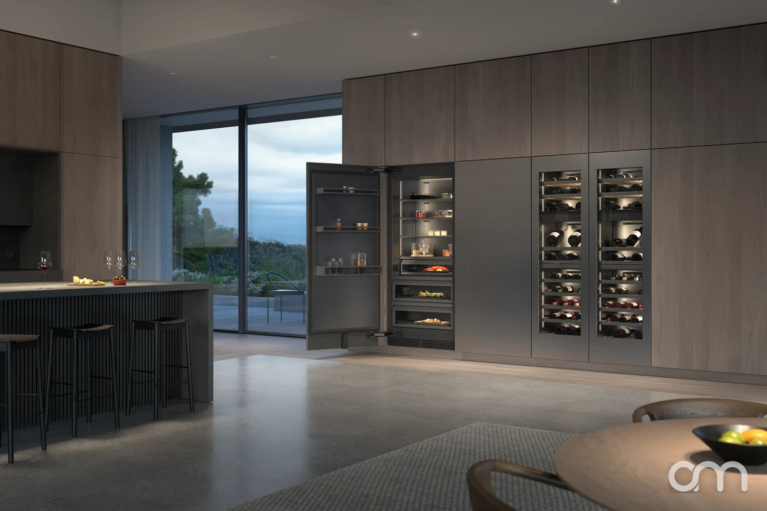Réfrigérateur et deux caves à vin Gaggenau Vario cooling Expressive encastrés dans une cuisine contemporaine – Arts & Ménagers, Neuchâtel