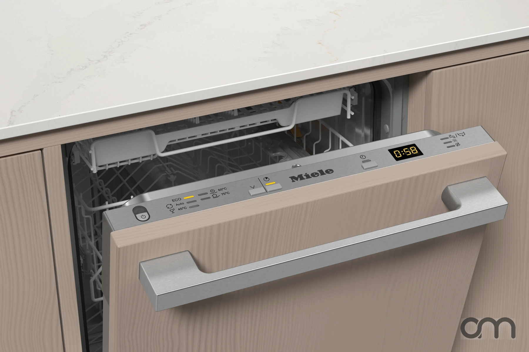 Bandeau de commande d'un lave-vaisselle intégrable Miele avec affichage du temps restant