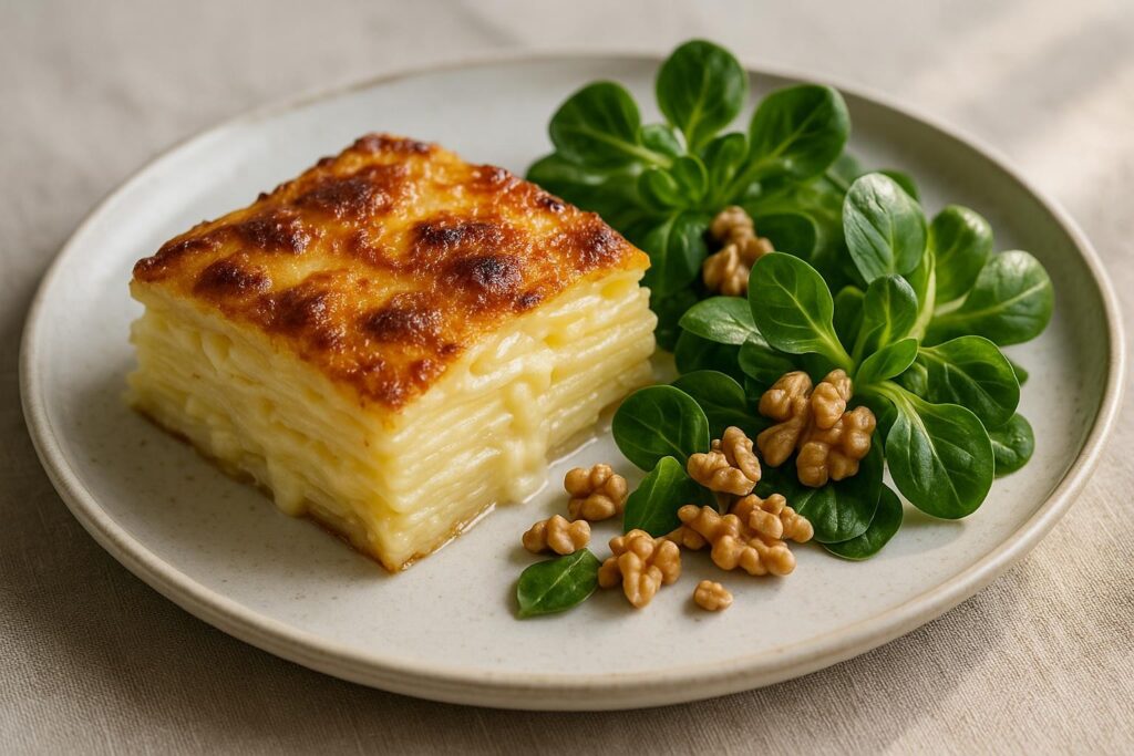 Part de gratin de pommes de terre au Gruyère servie sur une assiette en céramique claire, fines couches de pommes de terre fondantes nappées de crème, accompagnée d'une salade de rampon aux noix