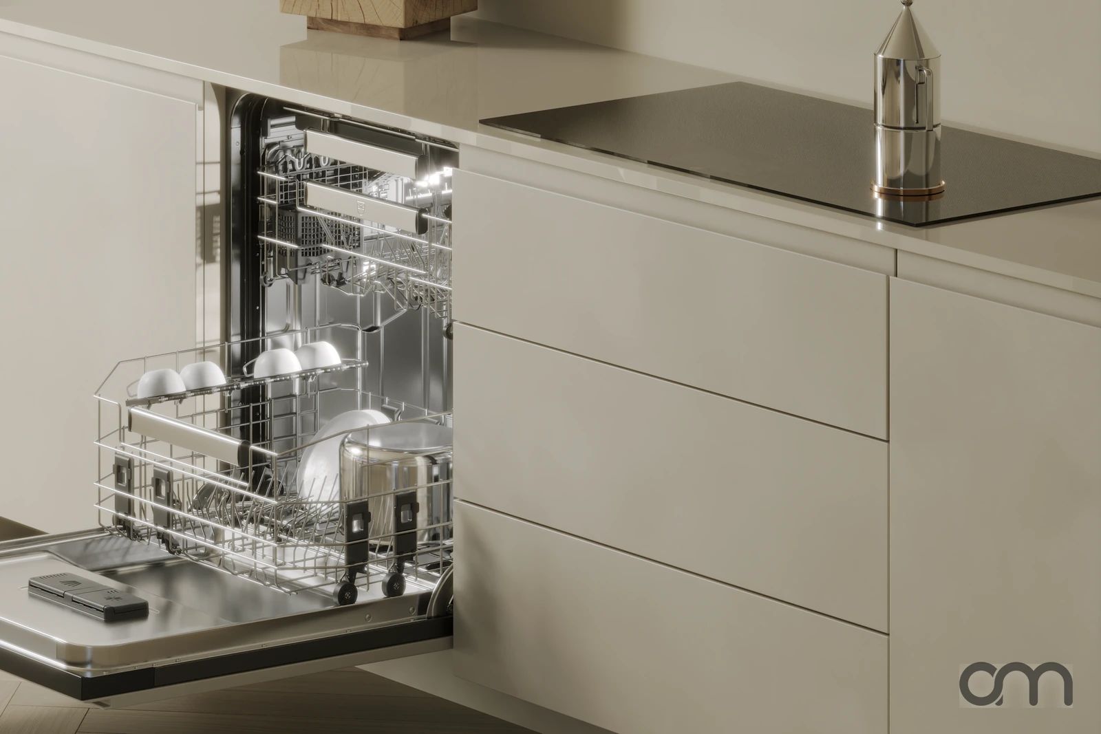 Lave-vaisselle V-ZUG encastré porte ouverte avec panier chargé, cuisine en norme suisse 55 cm dans un logement du canton de Neuchâtel